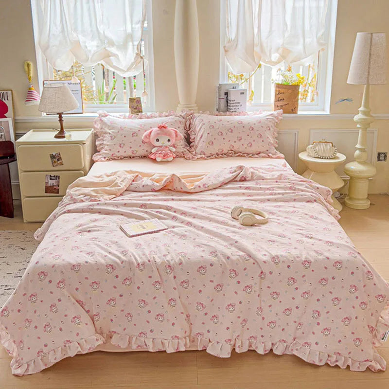 Korean Quilt with Lace and Ruffle Pure Cotton Patchwork Comforter for Summer Skin-Friendly Breathable Cooling Blanket for Home