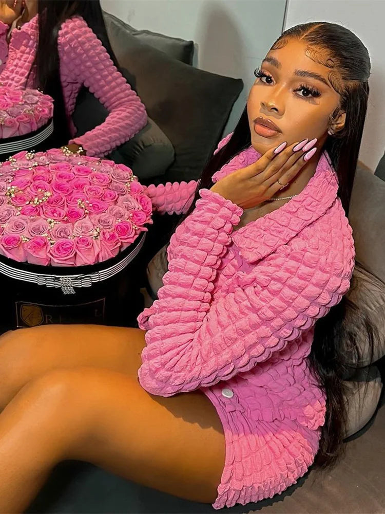 Cute 2 Two Piece Set Women Skirt Long Sleeve Button Top+Mini Skirt