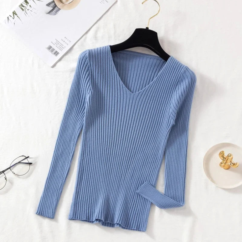 Women Sweaters Casual Long Sleeve Knitted V Neck Pullover Sweater Femme Basic Solid Jersey Tops Fashion Clothes