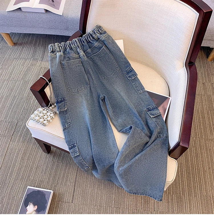 Street Style Plus Size Jeans Women's Casual Pants Gray All-In-One Overalls Multi-Pocket Commuter Denim Pants