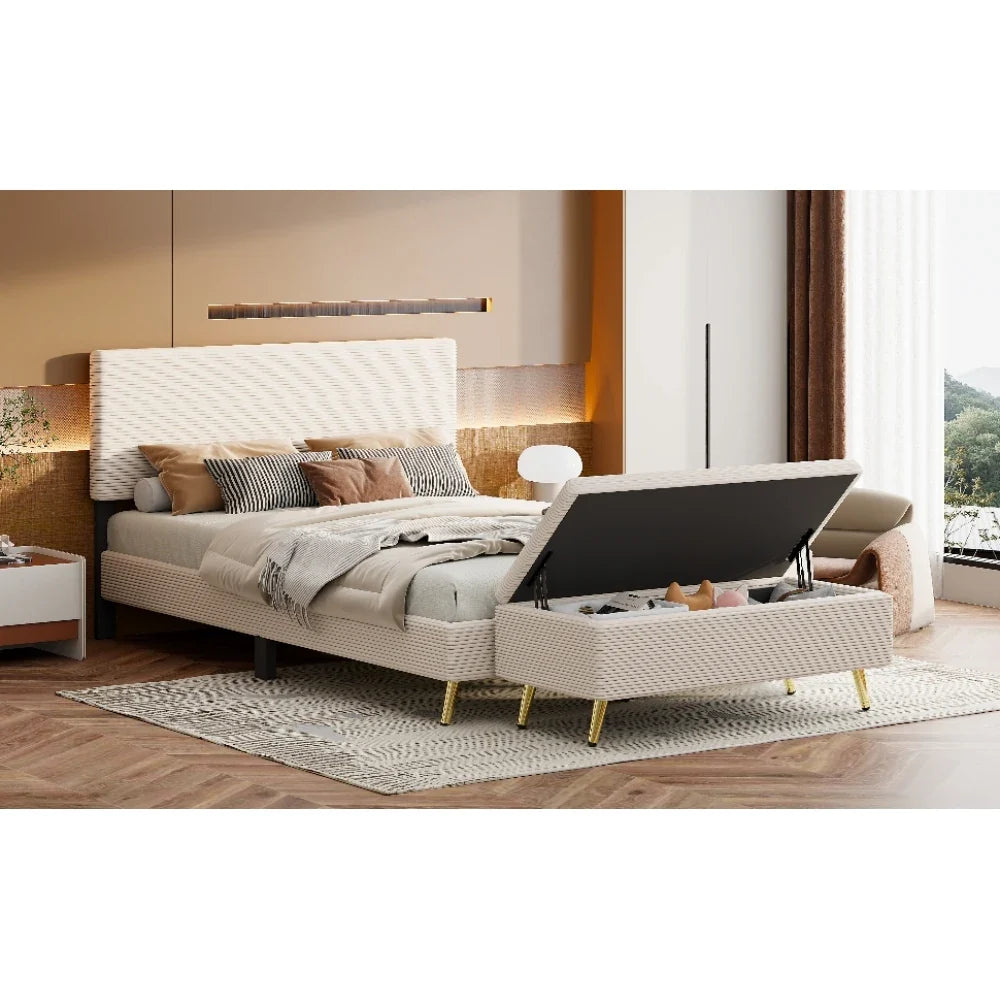 Pink 2 Pieces Bedroom Sets Queen Size Upholstered Bed Frame, Modern Corduroy Storage Ottoman