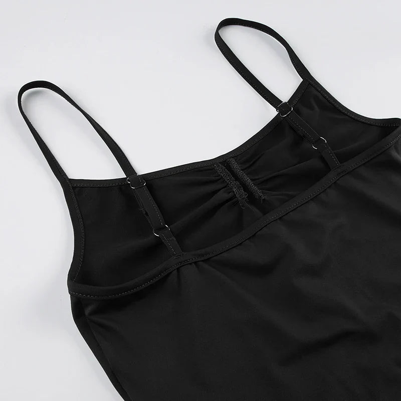 Sleeveless Skinny Shirring Skinny Sexy Spaghetti Strap Bodysuit For Women Black Solid Simple Basic Camisole
