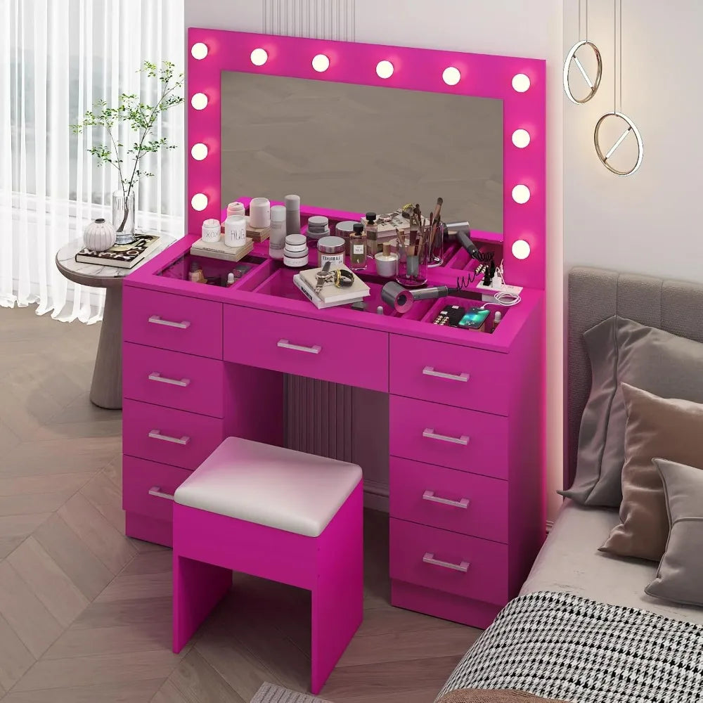 Makeup Table Vanity Desk with Mirror and Lights, Pink Makeup Vanity with  Stool, Drawers Mirror,Vanity Table with Stool