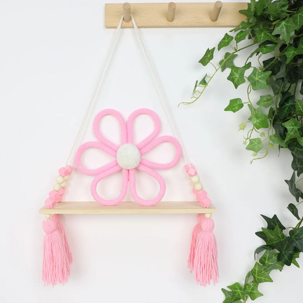 Macrame Wall Hanging Shelf Boho Pink Wooden Display Floating Shelves Wall Decor Bedroom