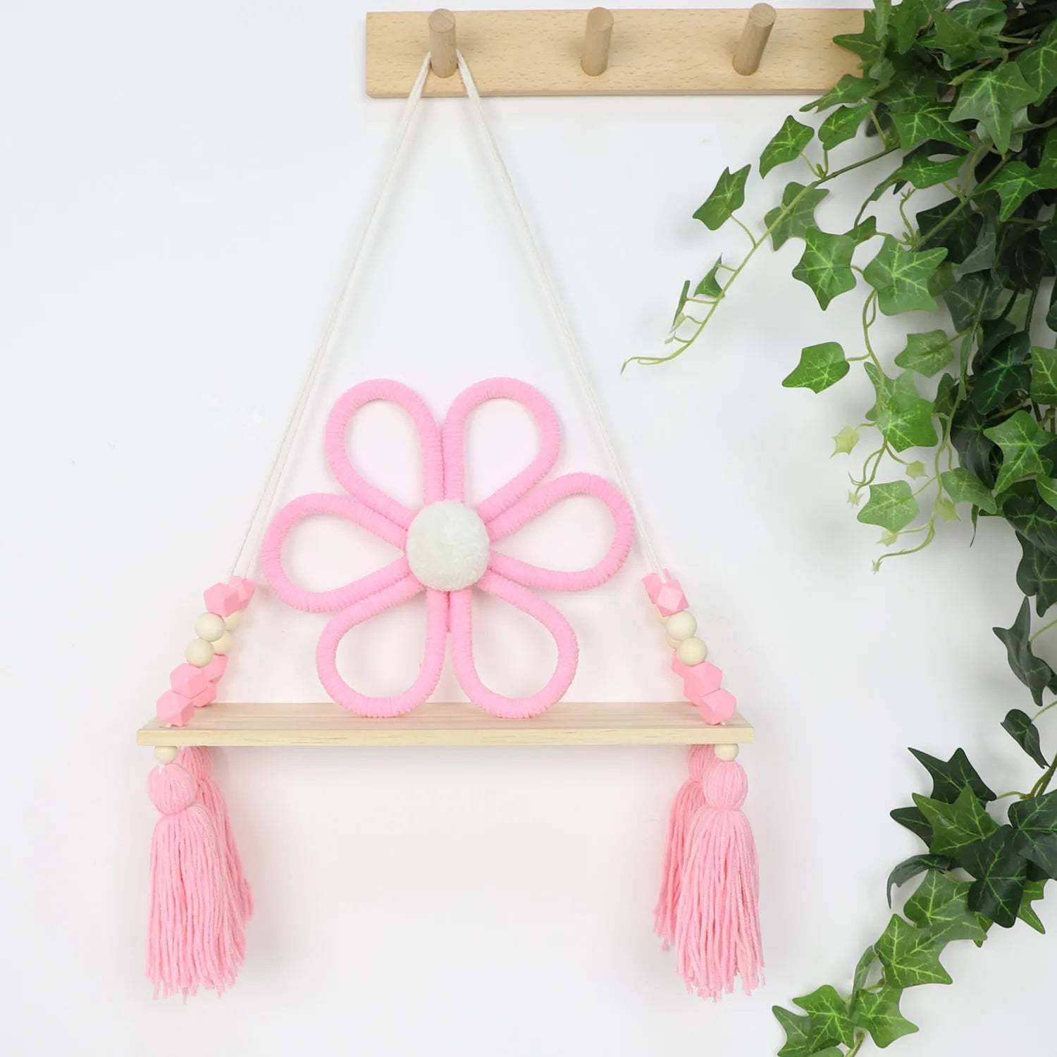 Macrame Wall Hanging Shelf Boho Pink Wooden Display Floating Shelves Wall Decor Bedroom