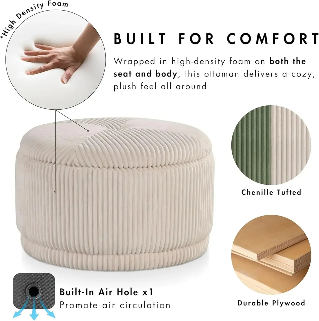 Modern Chenille 29-inch Round Storage Ottoman with Flip Top, Upholstered Footstool, Circle Coffee Table