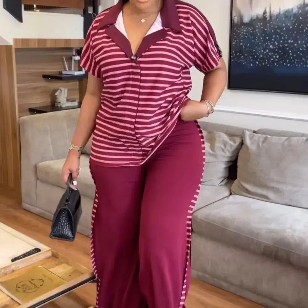 Summer Fashion Two Piece Set Women Solid Color Round Neck Short Sleeve T-shirt Printed Wide Leg Pants Casual Two Piece Set