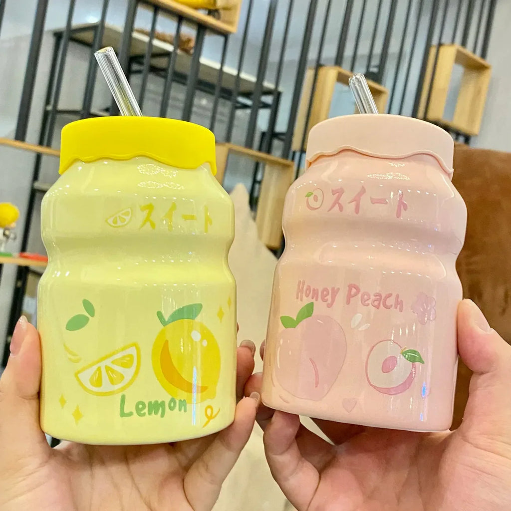 Fruit Pattern 500ML Beverage Cups with Lids and Straws