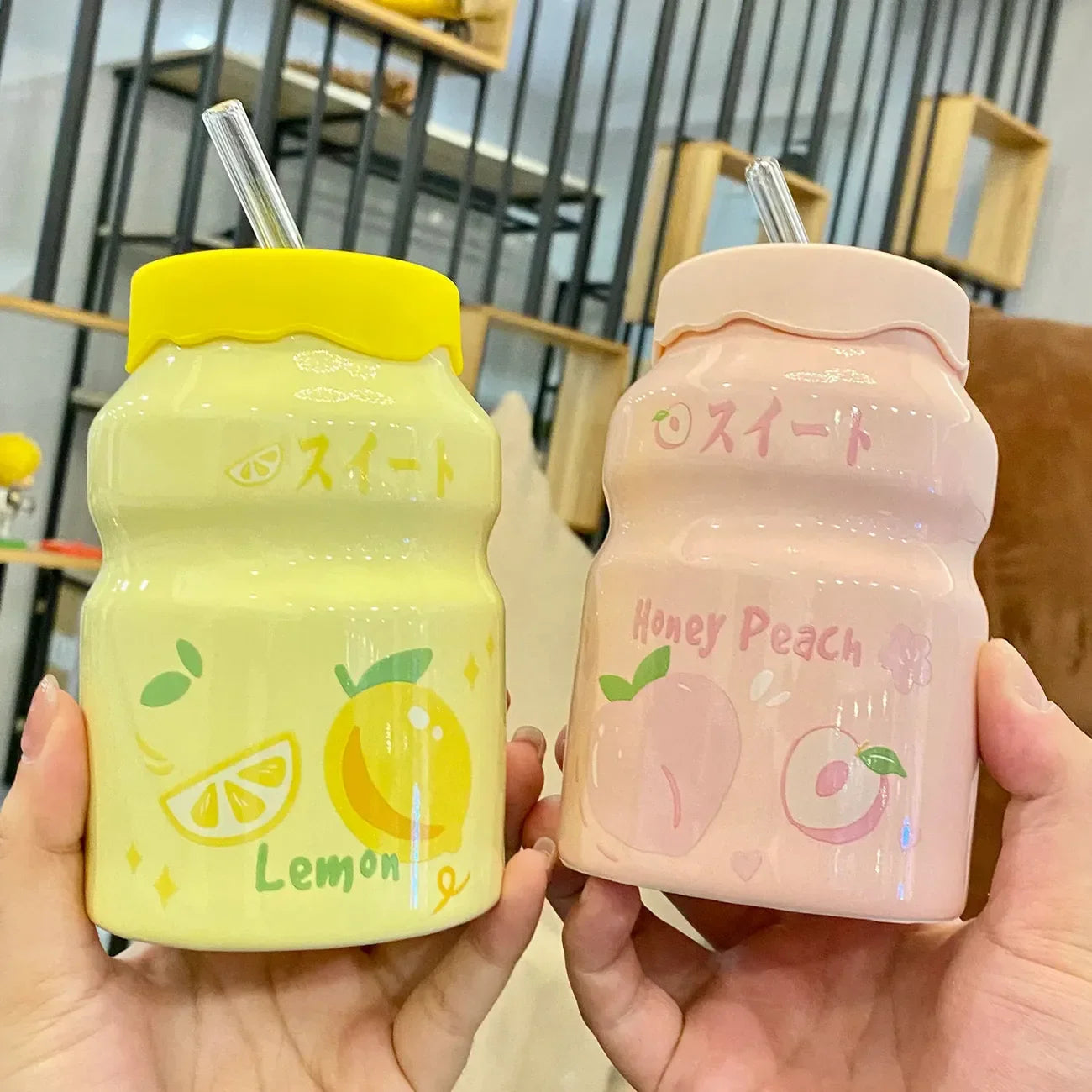 Fruit Pattern 500ML Beverage Cups with Lids and Straws