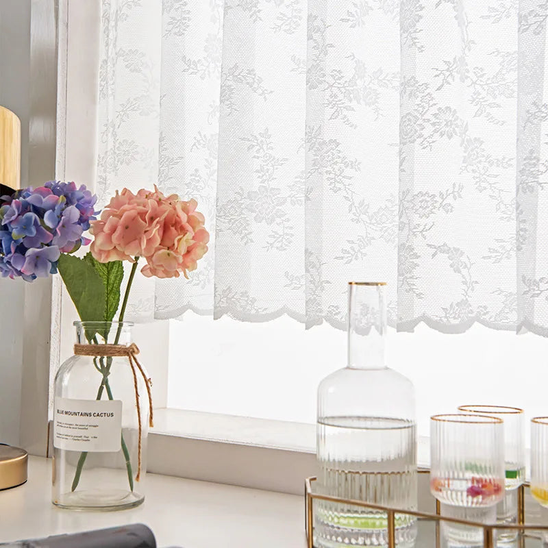 White Flower Lace Short Curtains with Wavy Lace Half Curtain