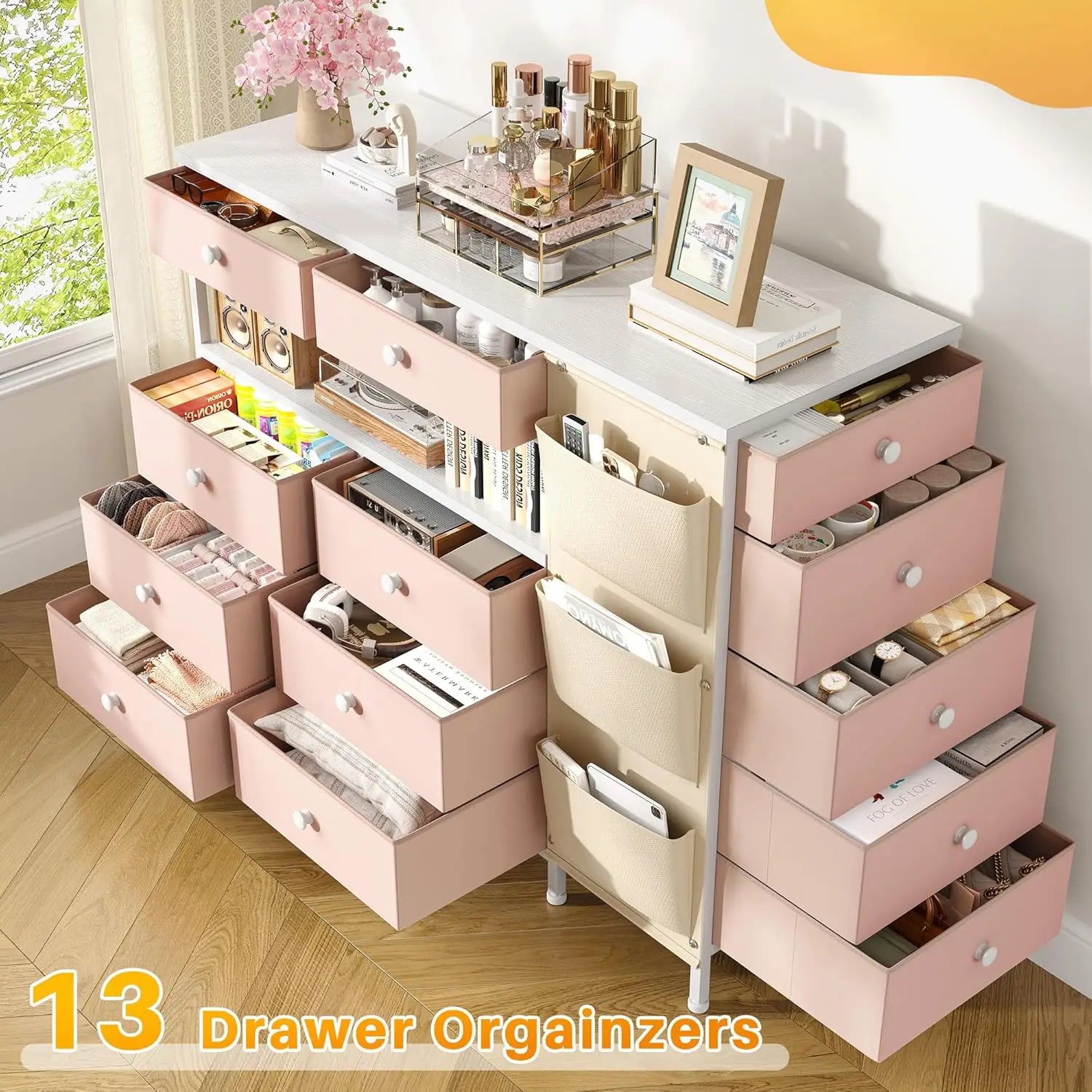 Pink Dresser For Bedroom With 13 Fabric Drawers And Led Lights, Closet Island With Drawers, Dressers & Chest Drawers