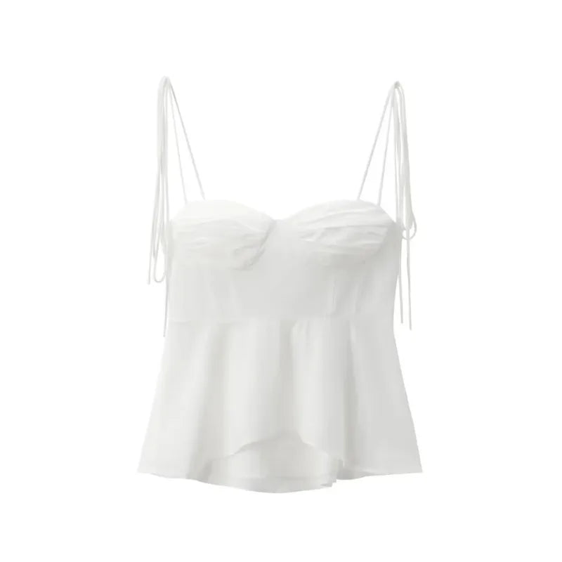 White Smocked Strappy Camisole Women's Sexy Sleeveless Ruffle Slim Bra Solid Color Streetwear Y2k Women's Tops Camisole