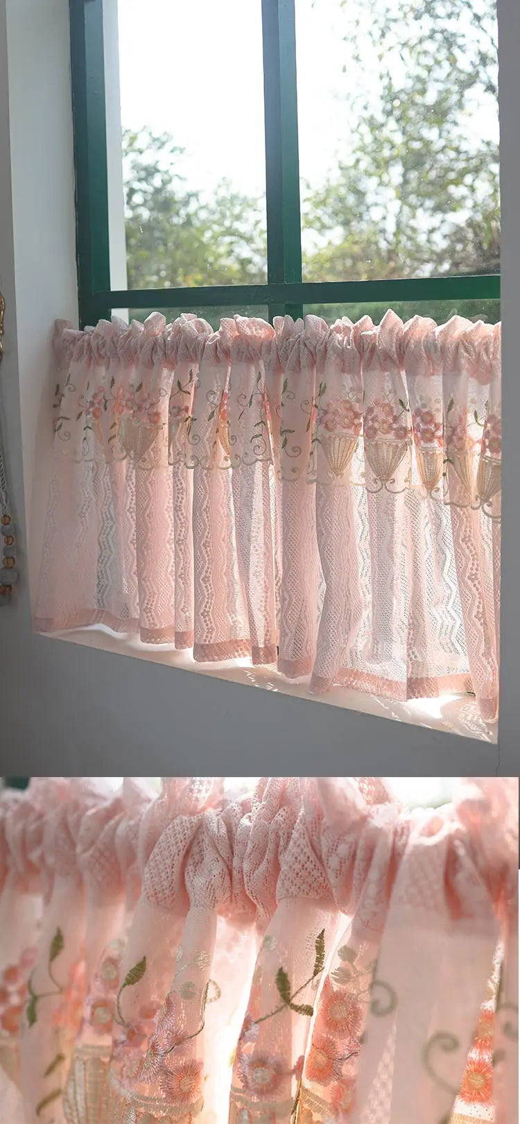 Pink Small Window Short Curtain Embroidery Floral Lace Half Window Curtains Sheer Tulle Home Decoration