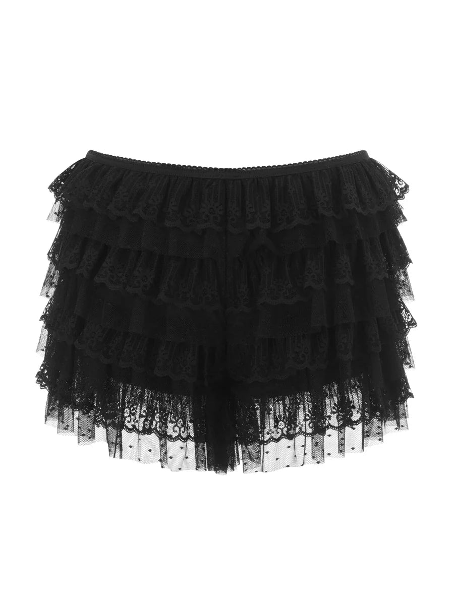 Women Mesh Lace Bloomer Shorts Y2k Layered Ruffle Frilly Booty Shorts Fairy Bowknot Sexy Boy Shorts