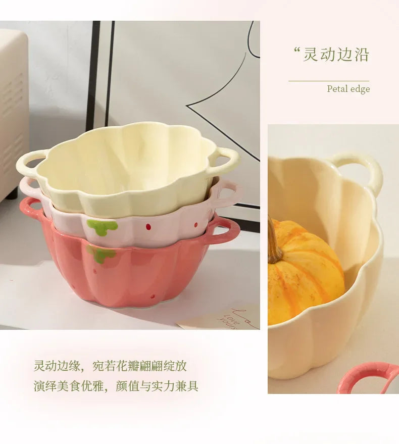Strawberry Double Ear Ceramic Bowl,Cream 6.5-inch 9.5-inch Soup Bowl with Handle Home