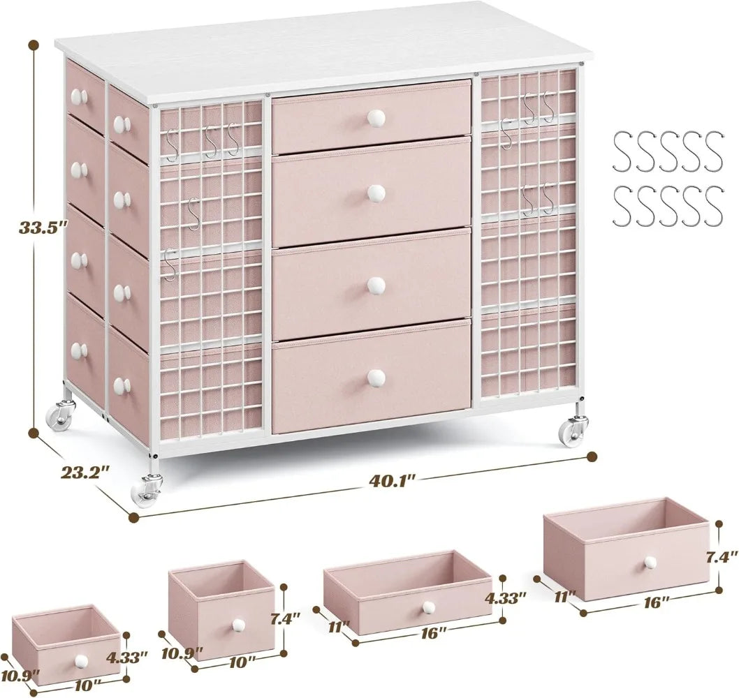 Pink Dresser for Bedroom with Wheels & 40"* 23" Wide Wooden Top,Dresser & Chests of Drawers