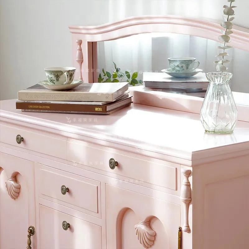 French Solid Wood Pink Studio Makeup Table with Mirror
