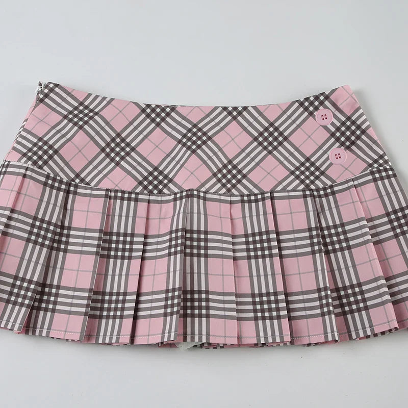 Cute  Preppy Style Chic Plaid Skirt - Buttons Cute Pleated Bottoms for Women Fashion Kawaii Mini Skirts