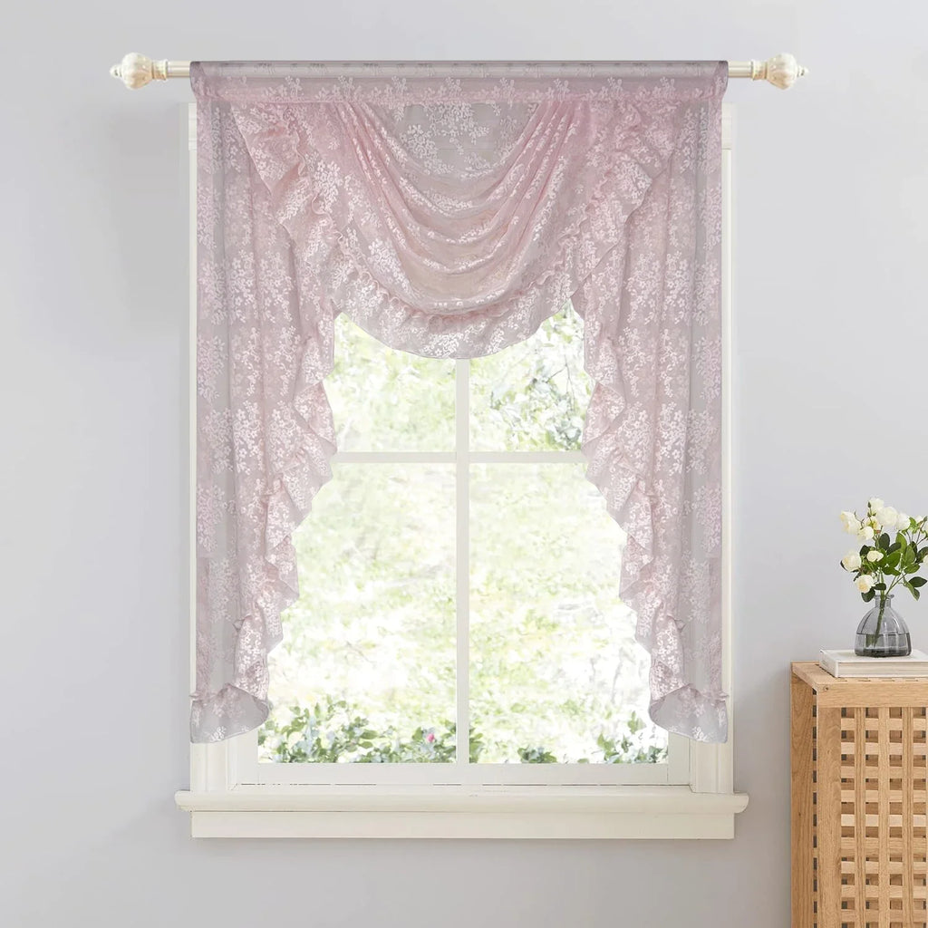 Pink Flower Ripple Curtain Head for Living Room Sheer Lace Valance Girls Princess Home Decoration