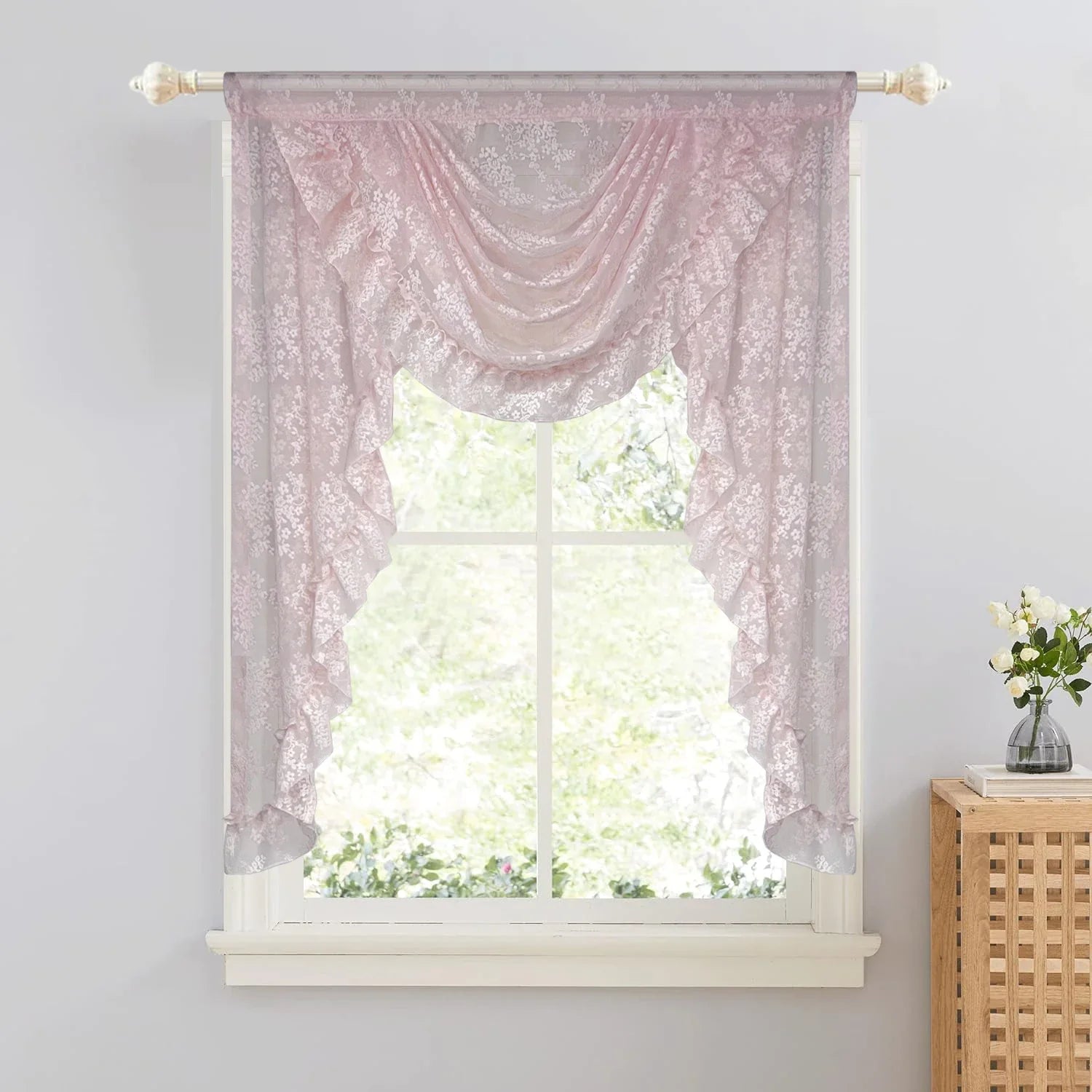 Pink Flower Ripple Curtain Head for Living Room Sheer Lace Valance Girls Princess Home Decoration