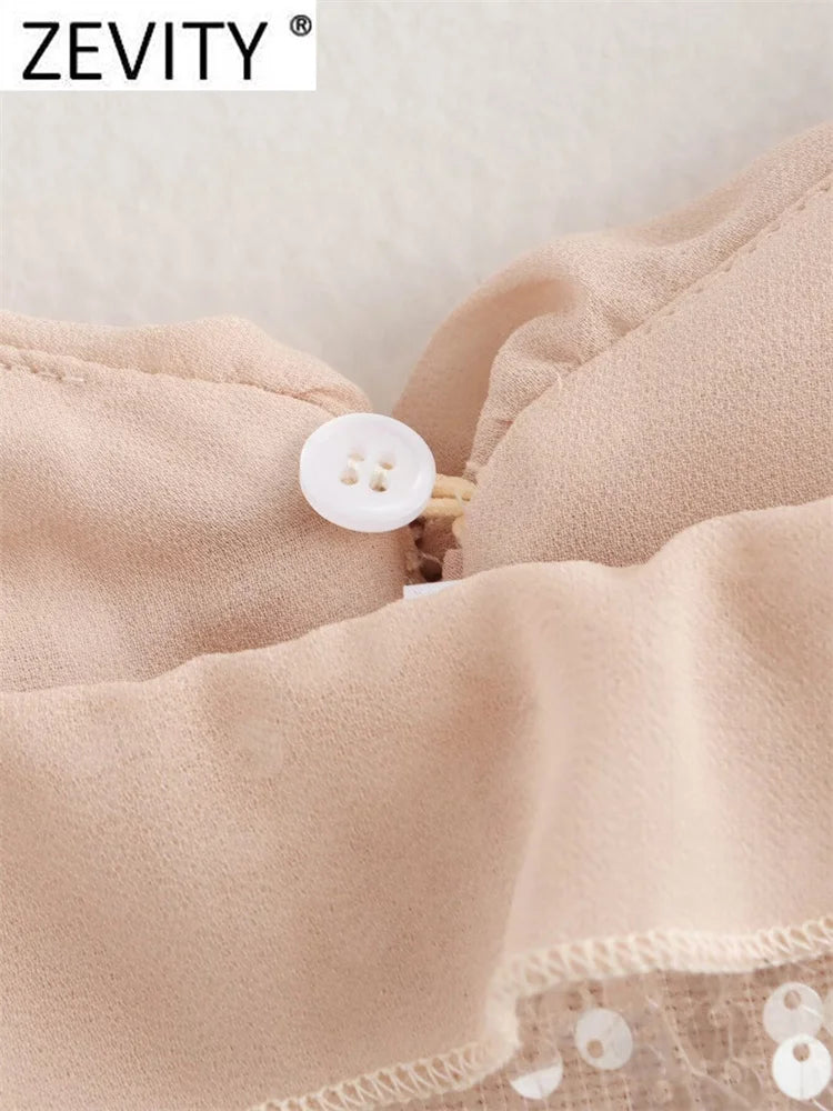 Women Chic Pleat Ruffles Sequined Design Chiffon Sling Camis Tank Lady Backless Short Crop Shirt Blouse Tops