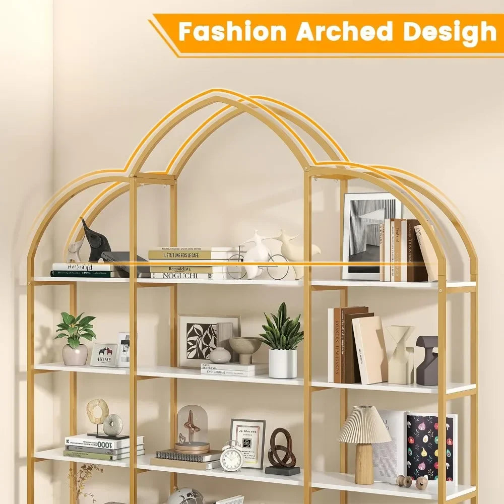 Triple Wide 5-Tier Large Arched Open Bookshelf, Etagere Bookcase with Display Shelf for Home Decor