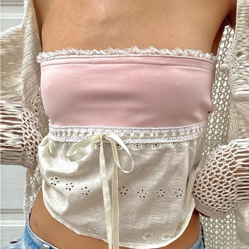 Women's Bandeau Top Kawaii Bow Lace Frill Strapless Tube Tops Summer Sexy Off Shoulder Backless Tie-up Vest Y2k Streetwear