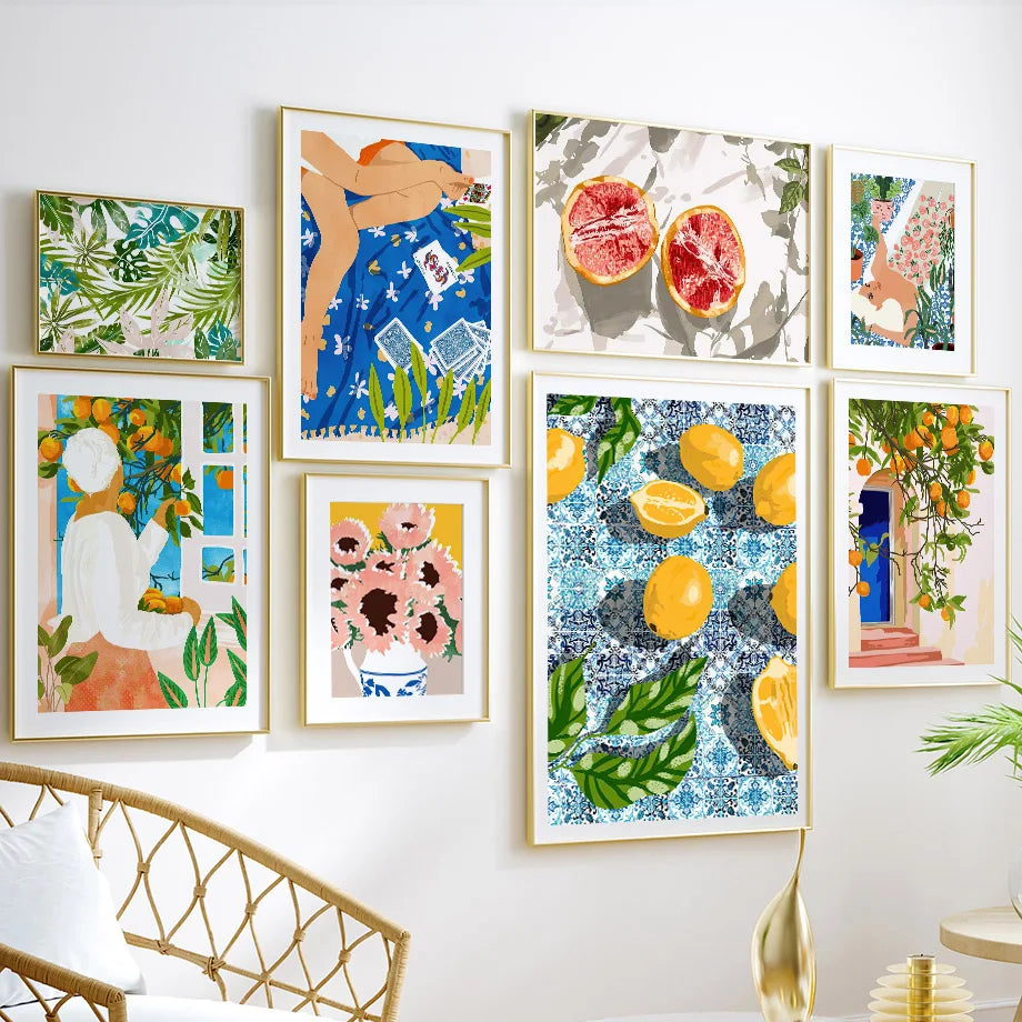 Garden Lemon Fruit Flower Plants Abstract Illustration Poster And Prints Wall Art Canvas Painting Pictures For Decor