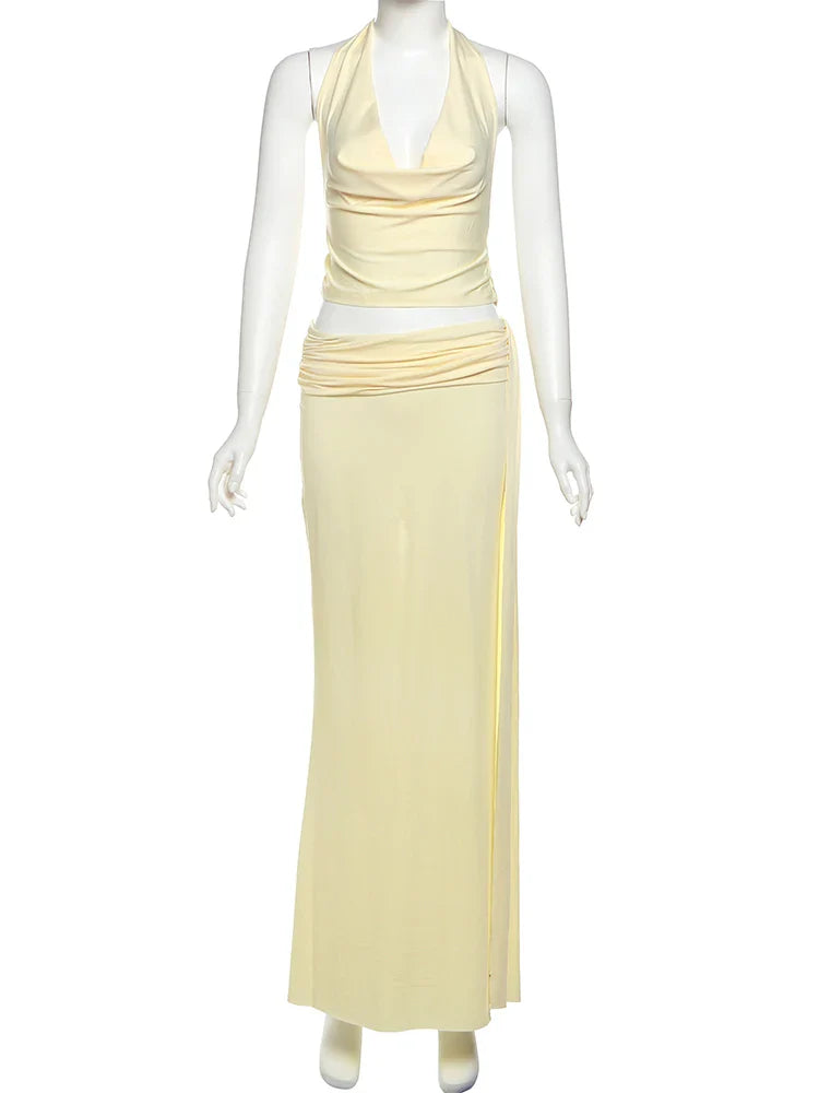 Women 3 Piece Set Stack Trend Halter Tops+Split Tassel Tassel+Flowers Mesh Skirts Matching Set