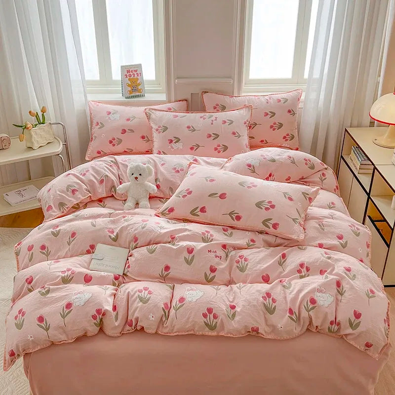 Tulip Double Layer Yarn Quilt Cover Bed Sheet Pillowcase Bedding Set Girls Duvet Cover Set No Filler