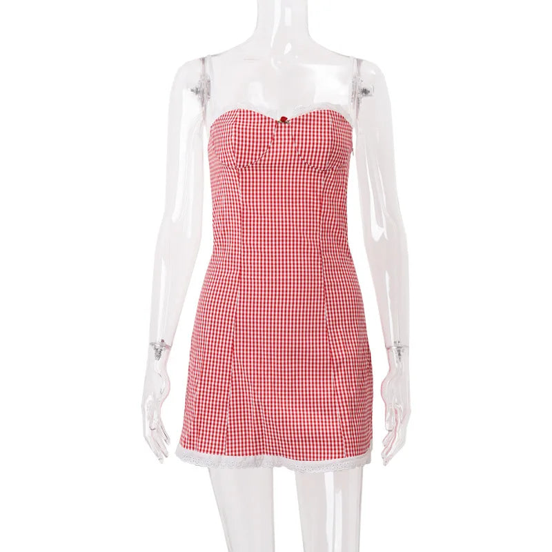 Plaid Y2K Lace Vintage Spaghetti Strap Mini Dresses Backless Aesthetic Casual Slim Dress