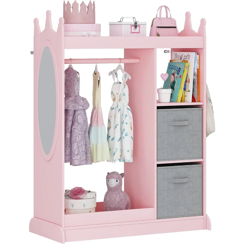 Kids Armoire Wardrobe Closet with Mirror and Storage Bin, Pink,  33.4 in W x 15.75 in D x 44.5 in H
