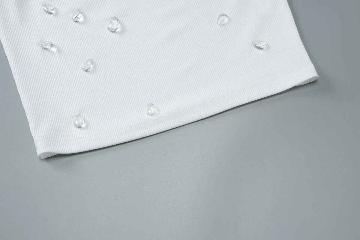 Ribbed Sleeveless Water Droplets Diamond Decorated Tank Sexy Casual Bodycon Top Party Club Streetwear Spring Summer