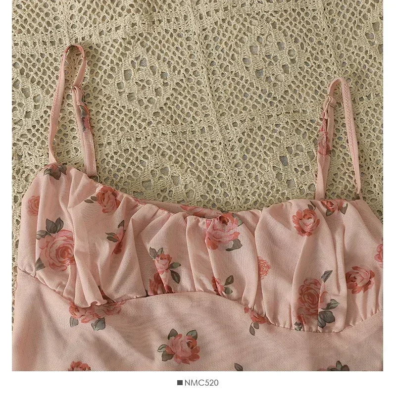 Girls Sweet Ruffles Mesh Camisole Top Lady Camis Sleeveless Printed Floral T shirts Stretch Slim Tanks For Slim Women