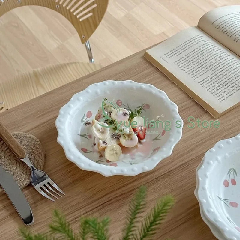 Tulip Wave Bead Point Plate, French Vintage Lace Underglaze Delicate  Dinner Entree Plate