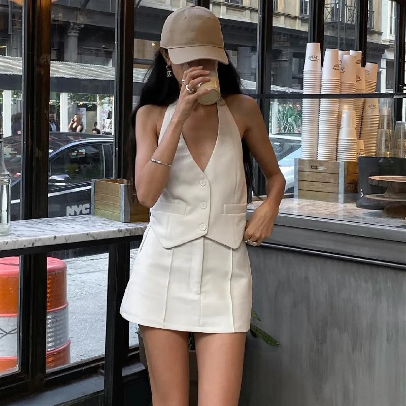 V-neck Sleeveless Suit Tank Top With High-waist Bodycon Hip Skirt Streetwear Retro Women 2 Piece Sets