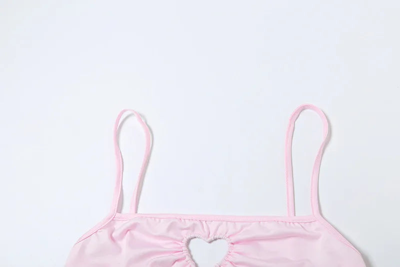 Women Sweet Pink Hollowed-out Heart Two Piece Set