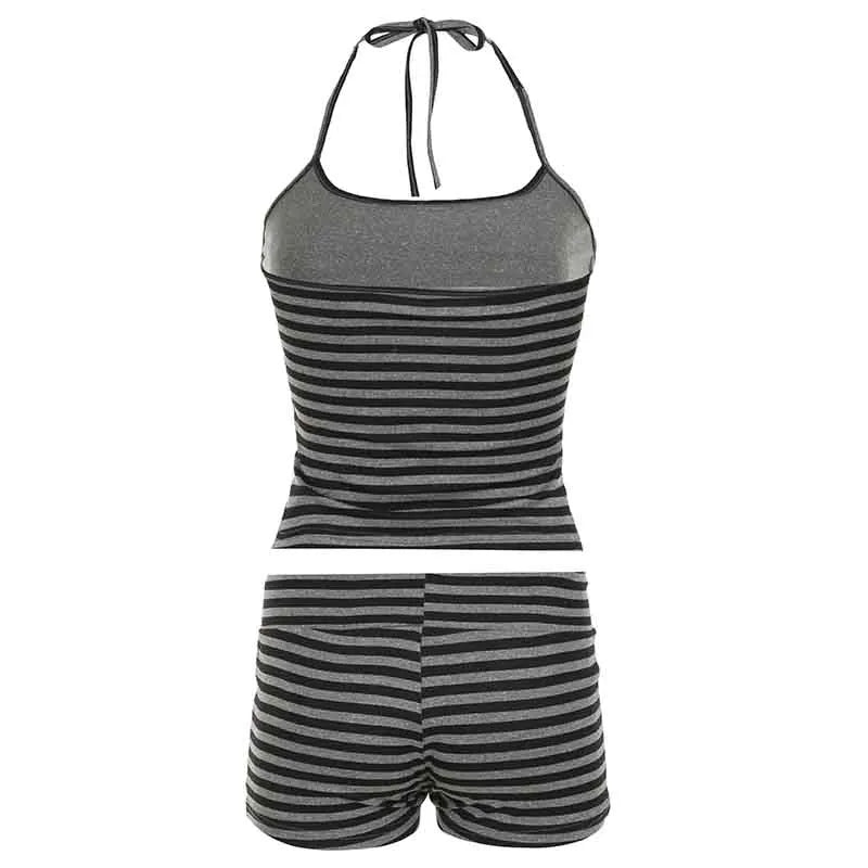 Striped Casual Backless Halter Camisole and Tiny Shorts Y2K Set Contrast Color Basic Two Piece Sets