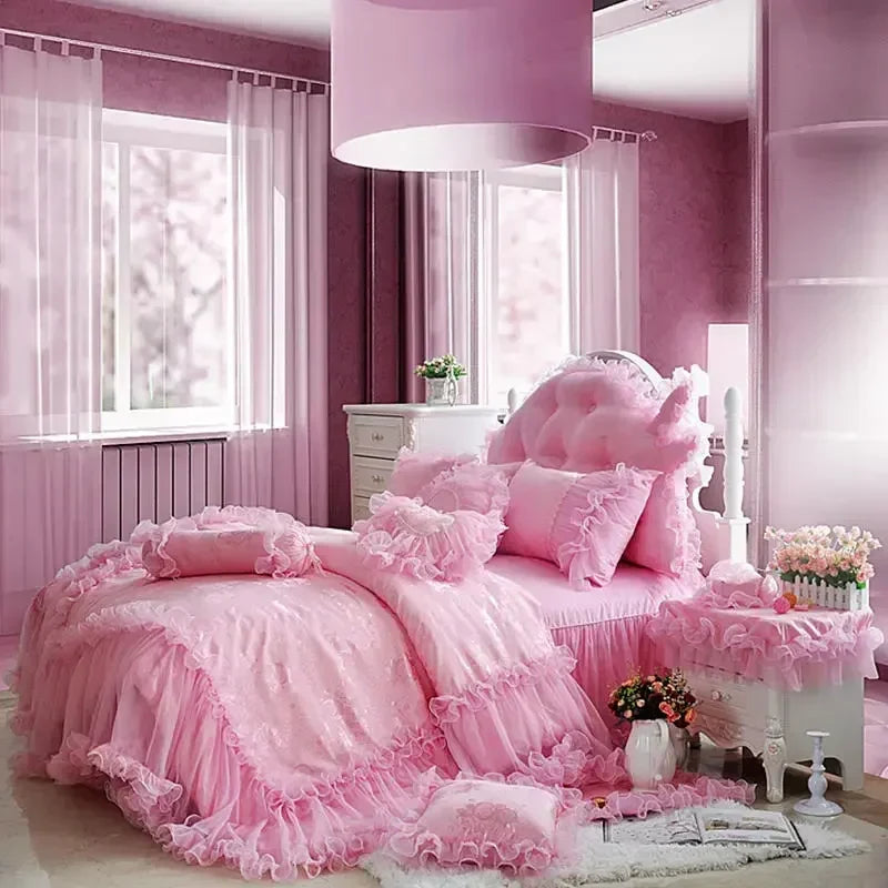Pink Jacquard Satin Bedspread Bedding Set Luxury Princess Wedding Bed Set Lace Ruffle Duvet Cover Bed Skirt Pillowcases Cotton