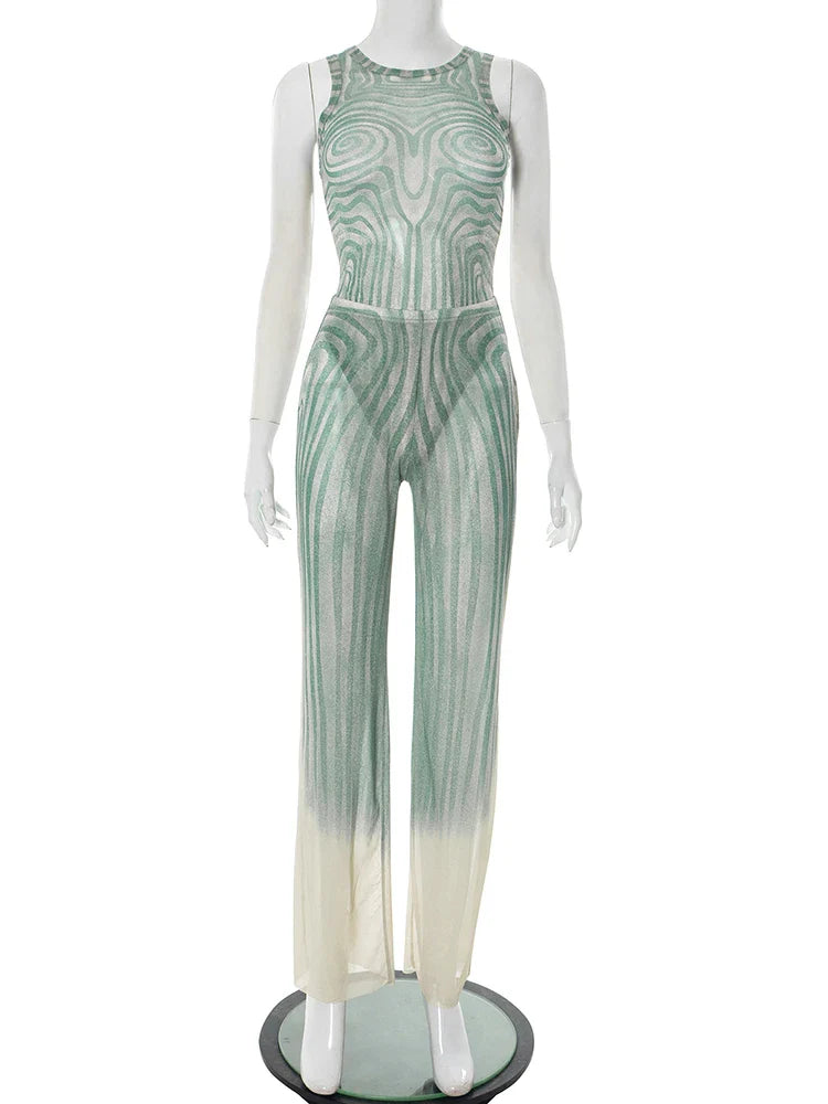 Geometric Print Patchwork 2 Piece Set Women o-Neck Skinny Bodysuit+Wide-leg Trousers Sexy Outfits