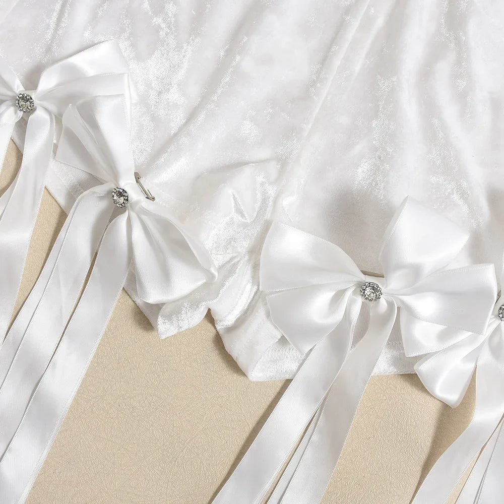 Women's Set Bow O-Neck Mesh Long Sleeve Tops + Velvet Shorts Sexy Two 2 Piece Outfit