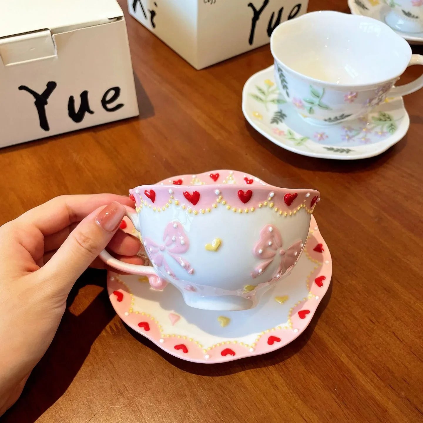 Pink Bow Ceramic Cup Saucer Set Handmade High Quality Cute Bow Breakfast Cups