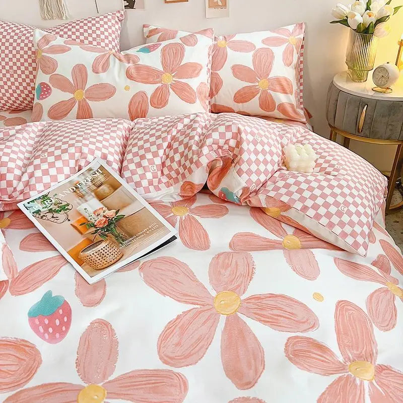 Cute Bedding Set Soft Ins Single Double Size Duvet Cover Flat Sheet Pillowcase Girls Home Totel Bed Linens