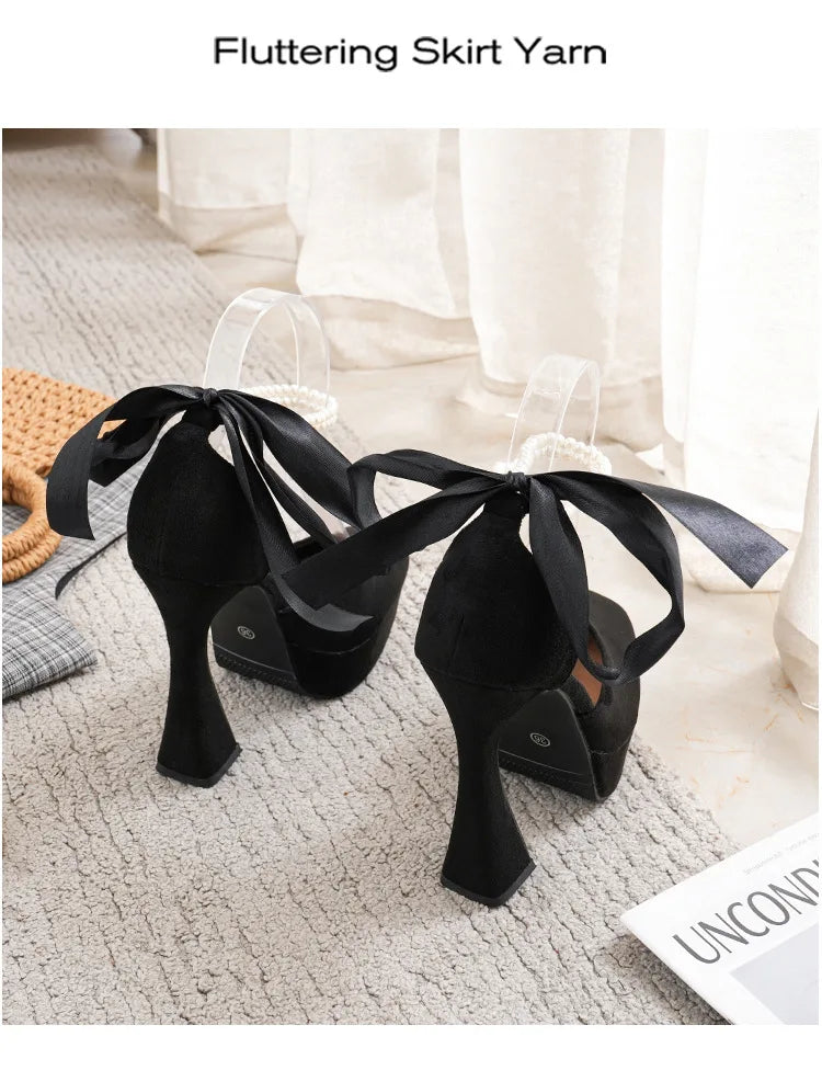 Fashion Super High Heels Sandals Bow Buckle Square Head Heels Ladies Shoes
