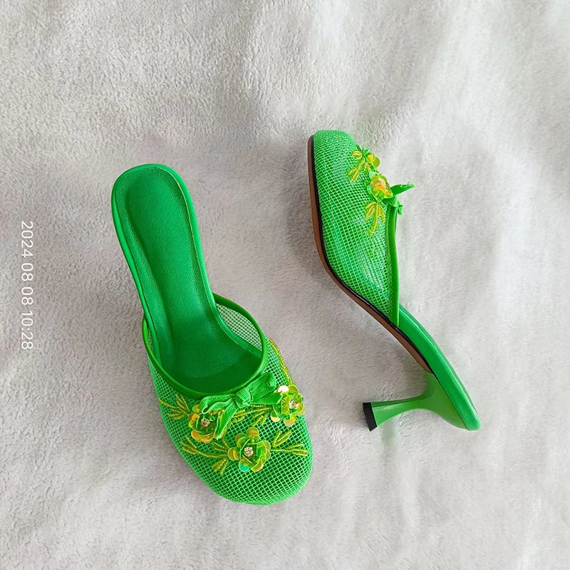 Summer Mesh Flower Beads Women Slides Sexy Thin Heel Sandals