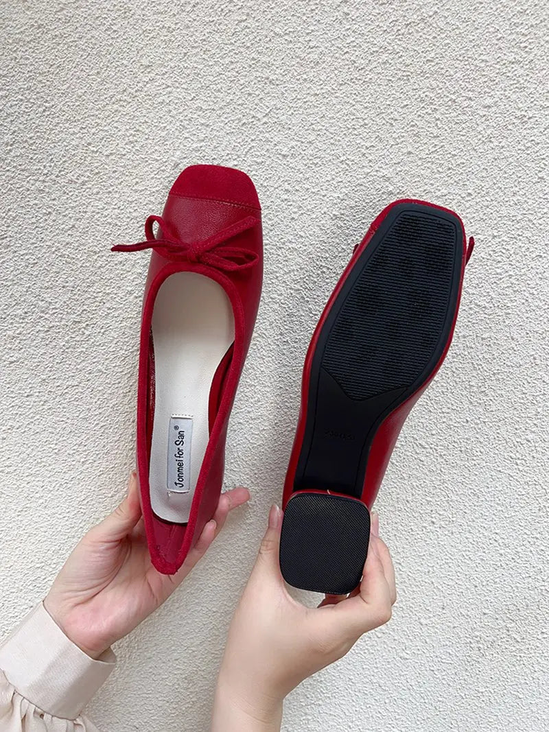 Fashion Elegant Red Ballerinas Women Pumps Slip on Loafers Round Toe Square Heels Bowknot Low Heel Shoes