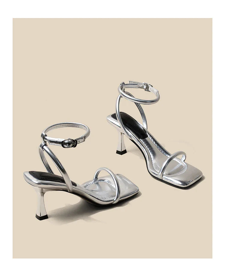 Women's High Heel Sandals Square Toe Thin Heels One-length Strip Open Toe Sandals
