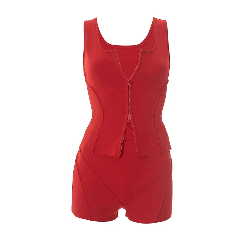 Casual Women 2 Piece Set Stretch Double Zip Tank Tops+Shorts Matching Patchwork Simple Basic Streetwear