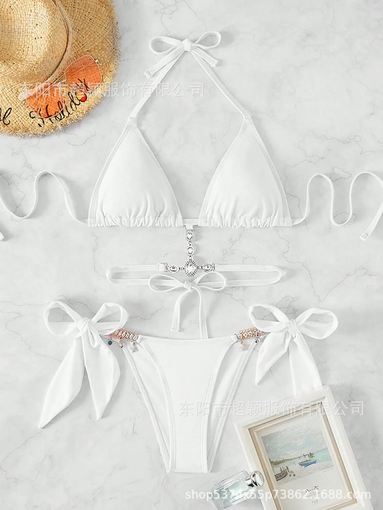 Women's Swimwear Crystal Diamond Triangle Bandage Backless Beach Bikini Swimsuit