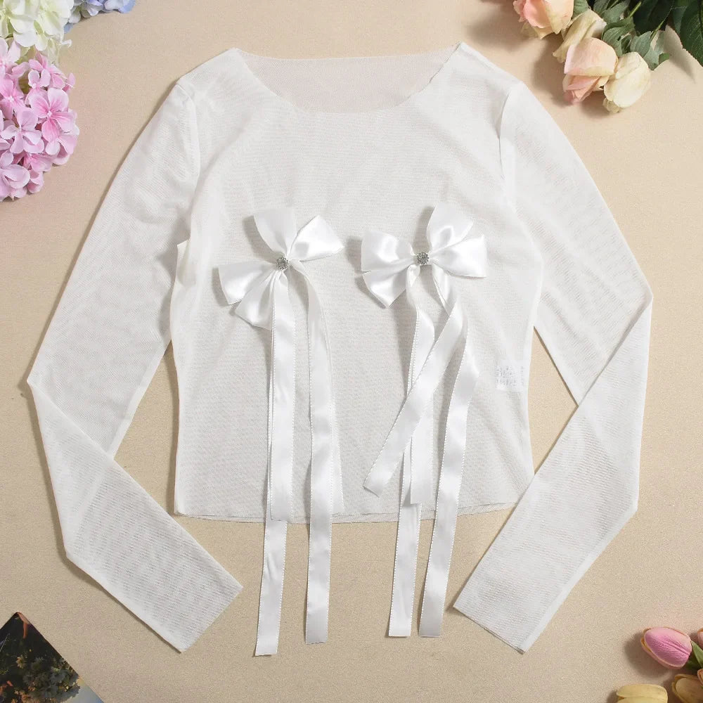 Women's Set Bow O-Neck Mesh Long Sleeve Tops + Velvet Shorts Sexy Two 2 Piece Outfit